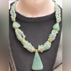 Artisan Chunky Jadeite Necklace with 10K Gold Beads and Hook Clasp